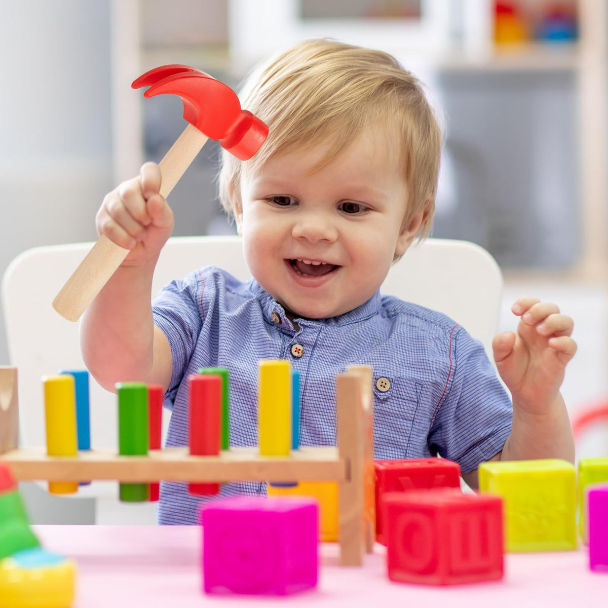 Durable wooden hammer set supports cooperative play and creative projects.