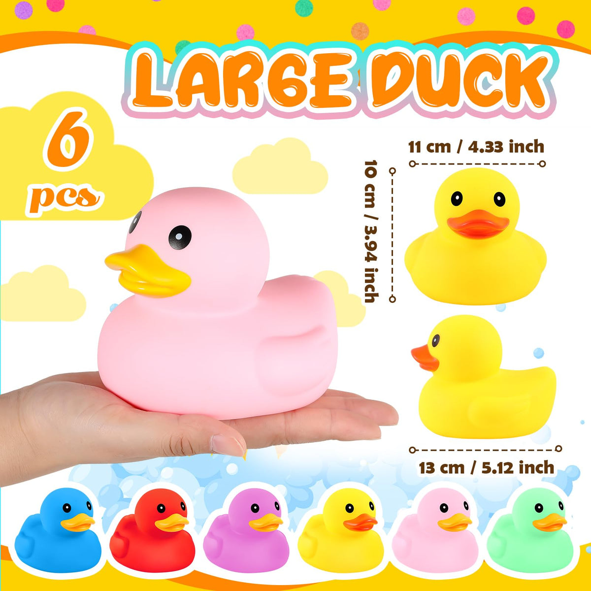 Deekin giant 5-inch rubber ducks for easy toddler bath grip.