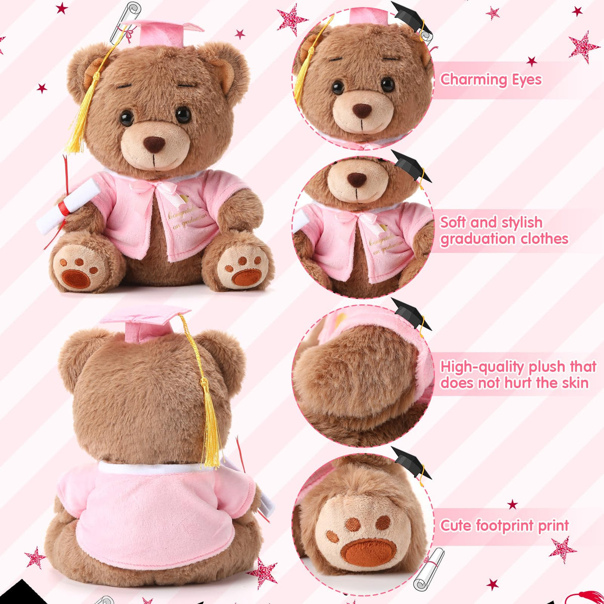 Deekin graduation bear in cap and gown, cute classroom keepsake for photos.