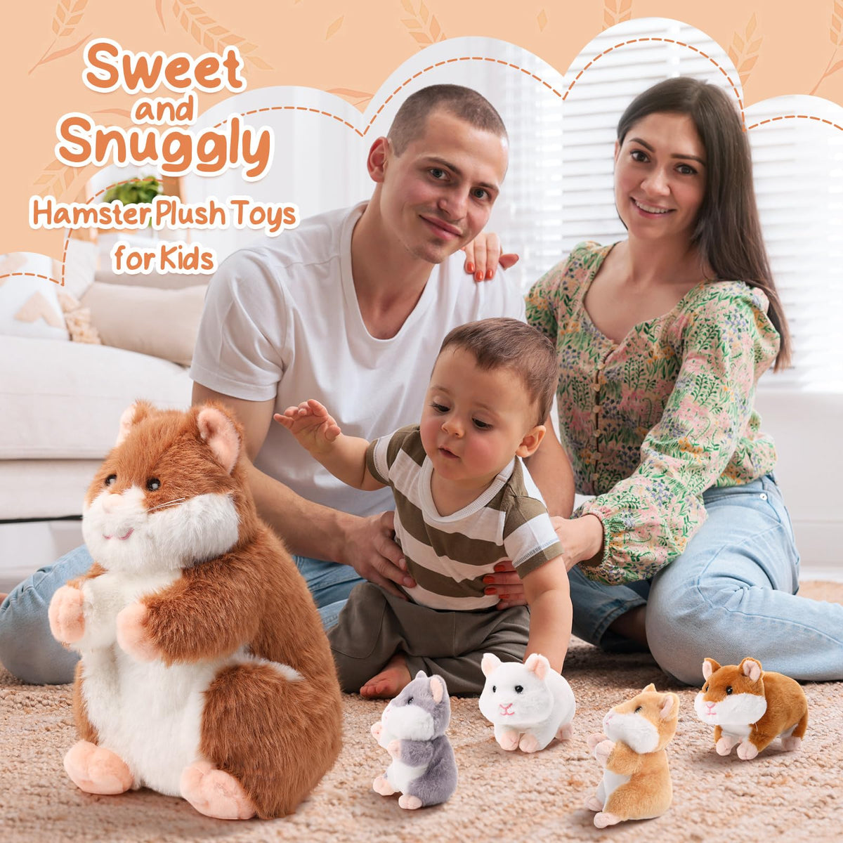 Deekin hamster plush family display, charming decor for shelves
