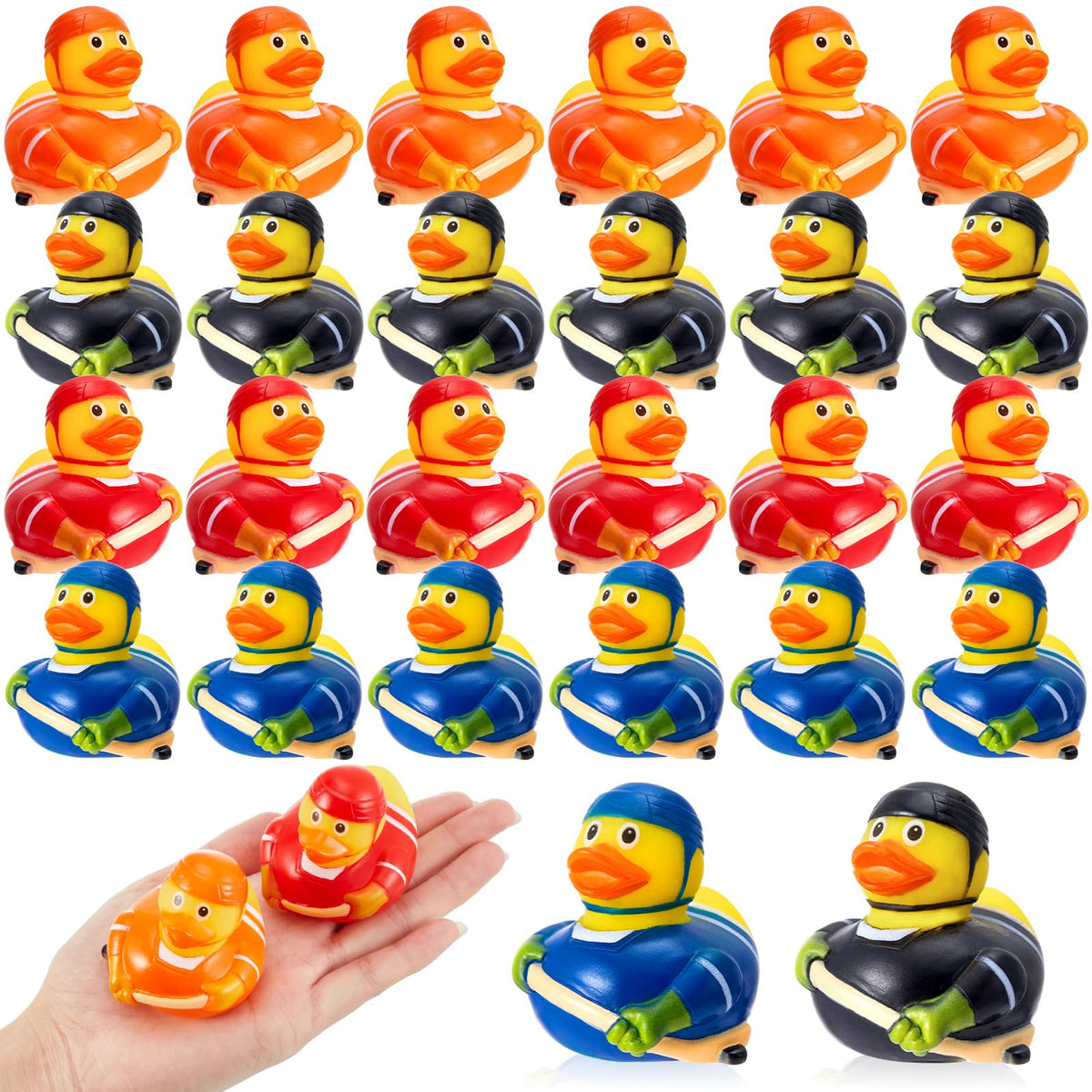 Deekin hockey player duck figures brighten party decorations and team event giveaways.