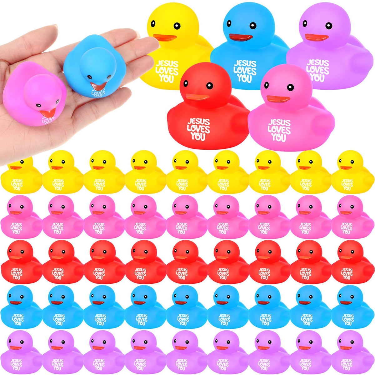 Deekin Jesus Loves You rubber duck in multicolor fuels faith-themed playtime and party decoration.