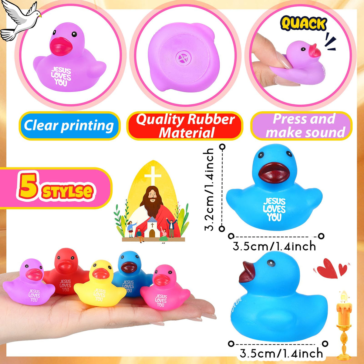 Deekin Jesus Loves You yellow rubber ducks suitable for Christian celebrations.