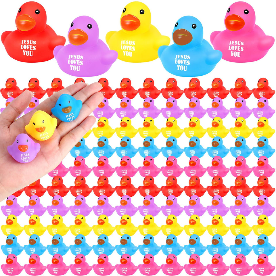 Deekin Jesus Loves You rubber ducks multicolor pack for party favors and decor.