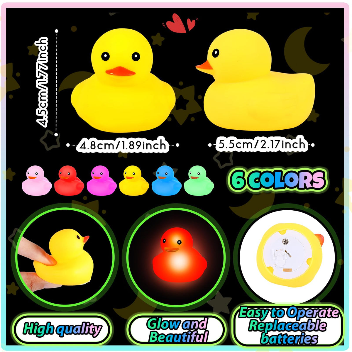 Deekin glow-in-the-dark rubber ducks illuminate birthday decorations