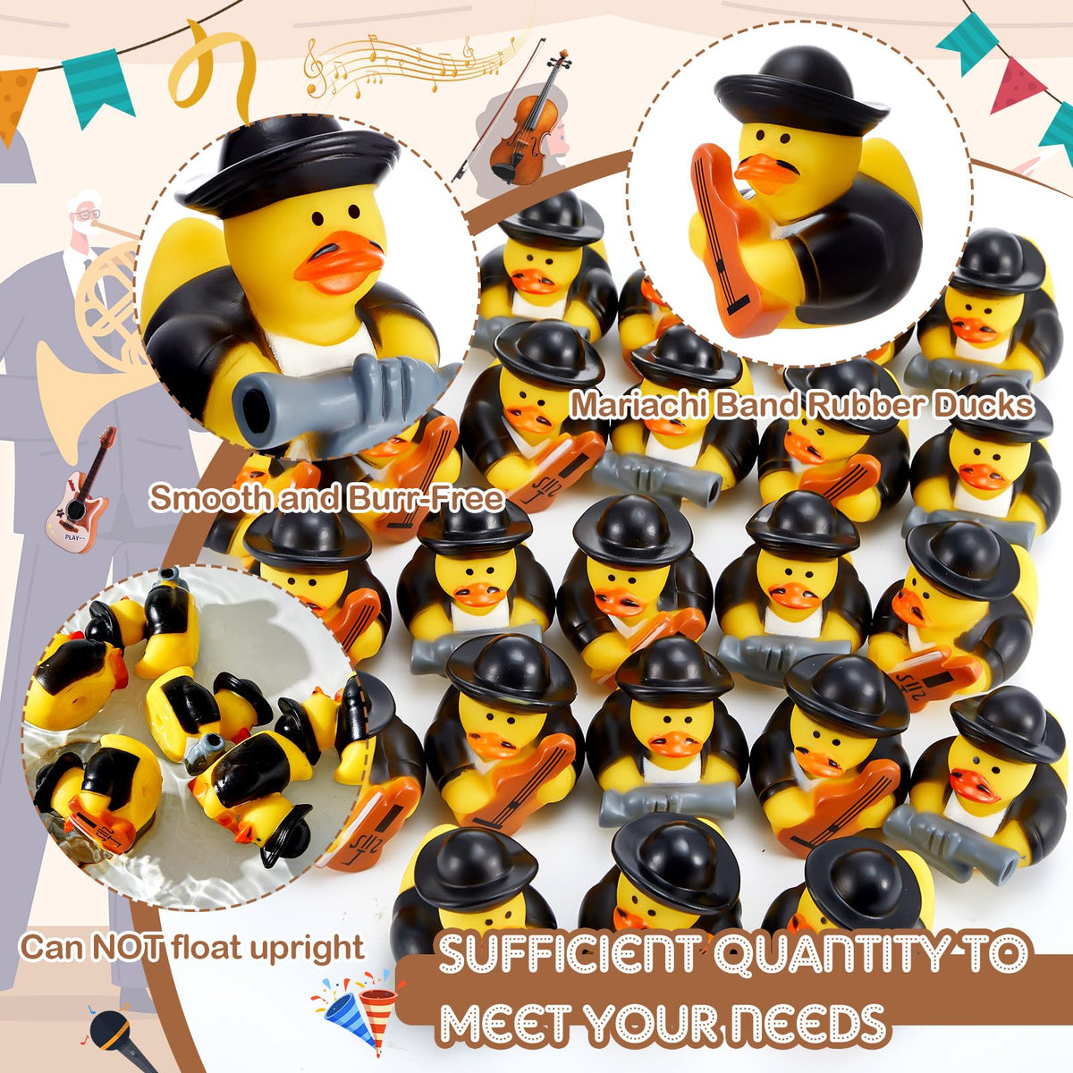 Deekin mariachi ducks Cinco de Mayo decor for joyful gatherings.