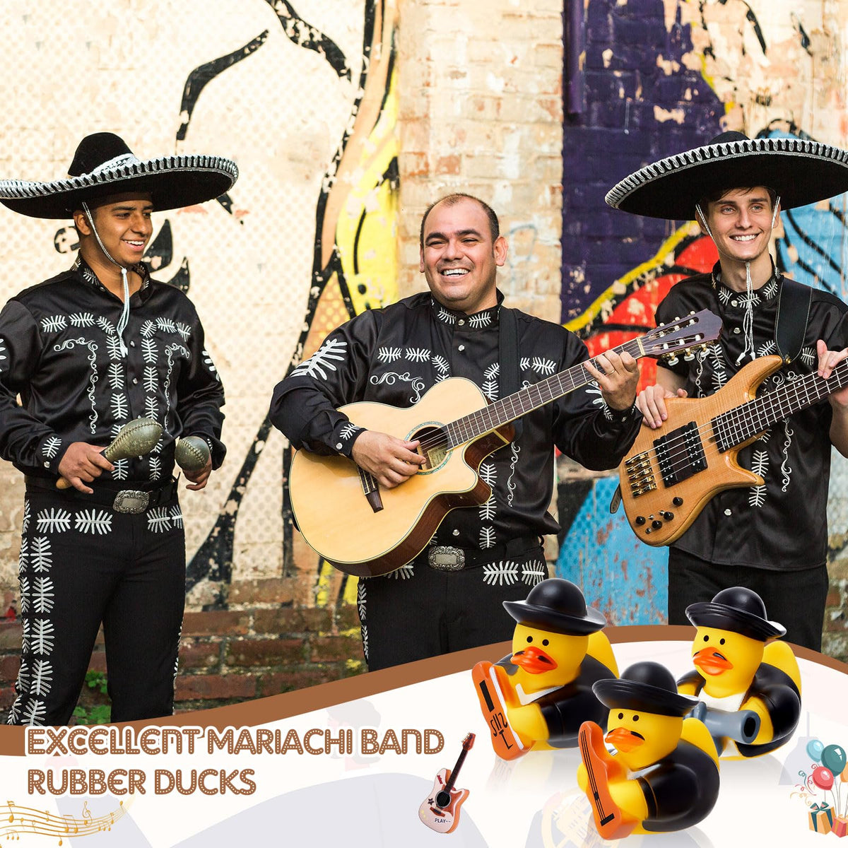 Deekin mariachi ducks trumpet style enhances party centerpiece charm.