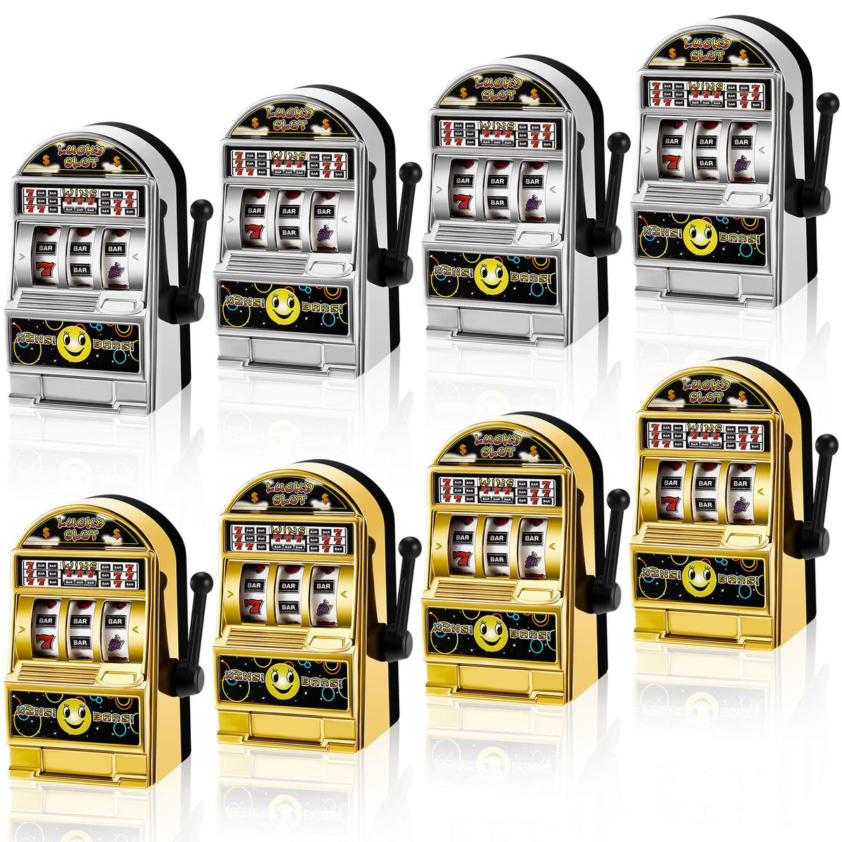 Deekin mini slot machine golden, front view, portable desk toy for quick entertainment.