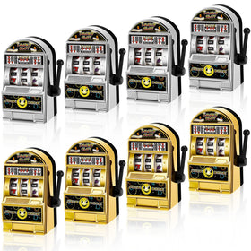 Deekin mini slot machine golden, front view, portable desk toy for quick entertainment.