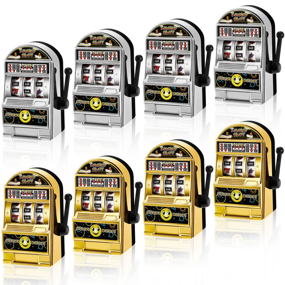 Deekin mini slot machine golden, front view, portable desk toy for quick entertainment.