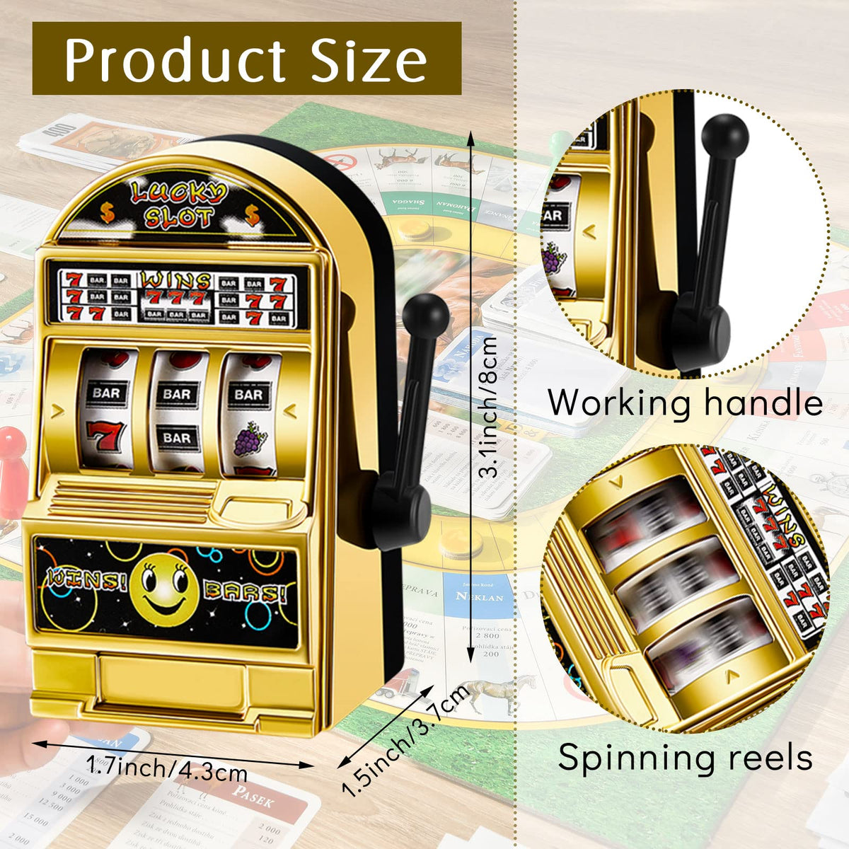 Deekin mini slot machine silver, side angle, ideal for playful office breaks.