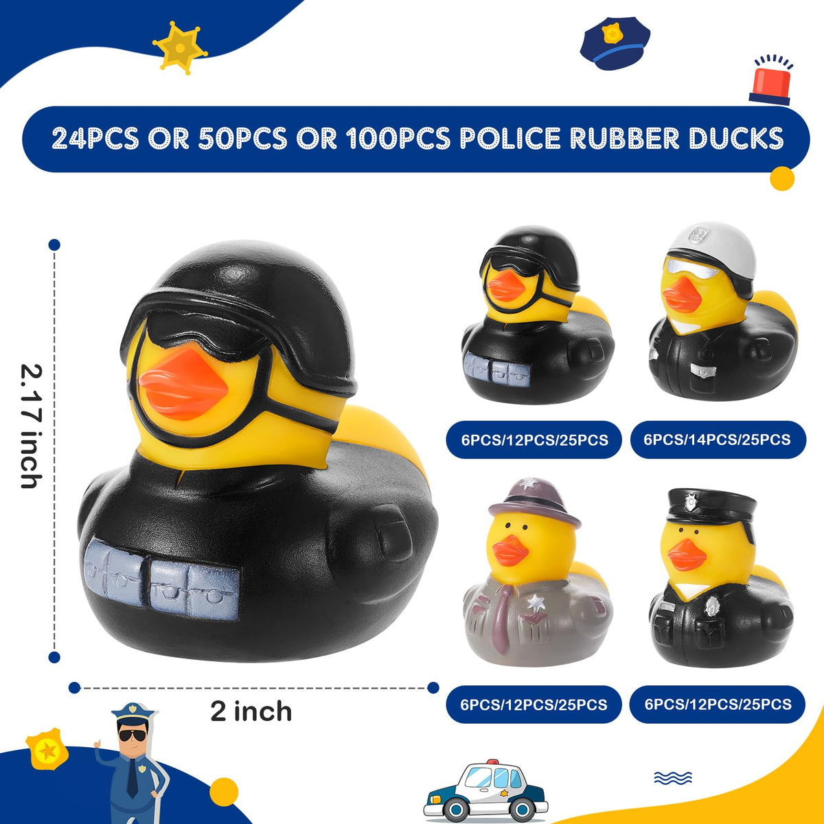 Deekin police ducks two-inch size ideal for bath time coordination and color recognition.