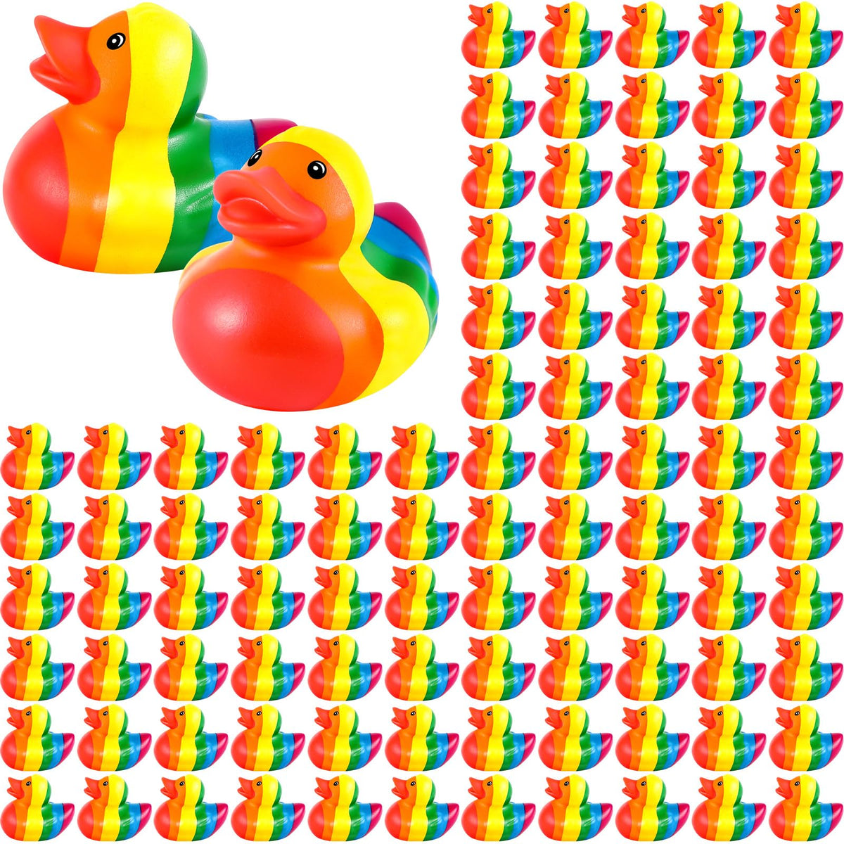 Deekin Rainbow Rubber Ducks 24-pack, vibrant party favors and bath toys for celebrations.