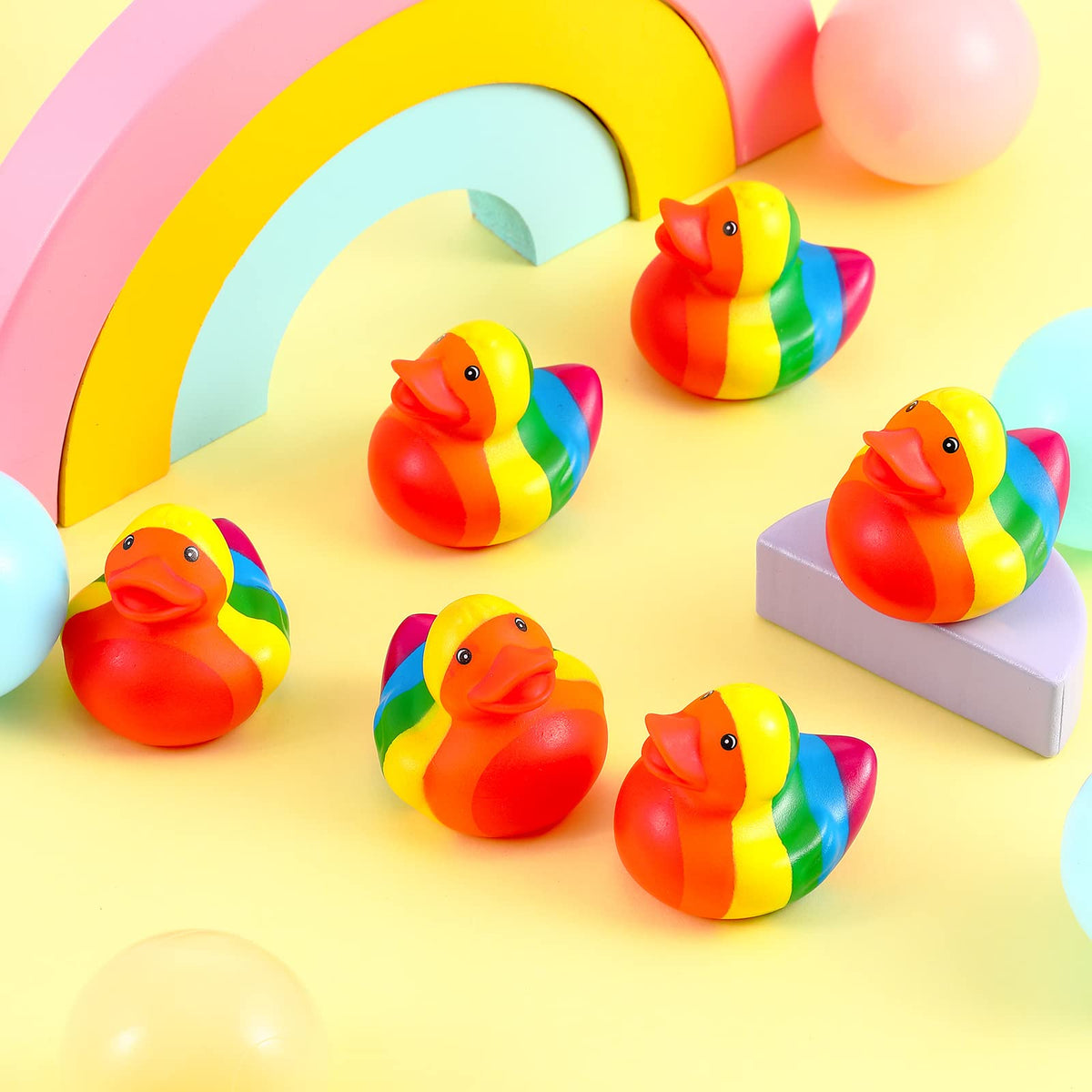Deekin Rainbow Rubber Ducks birthday-theme decor; adorable mini quackers for gift bags.
