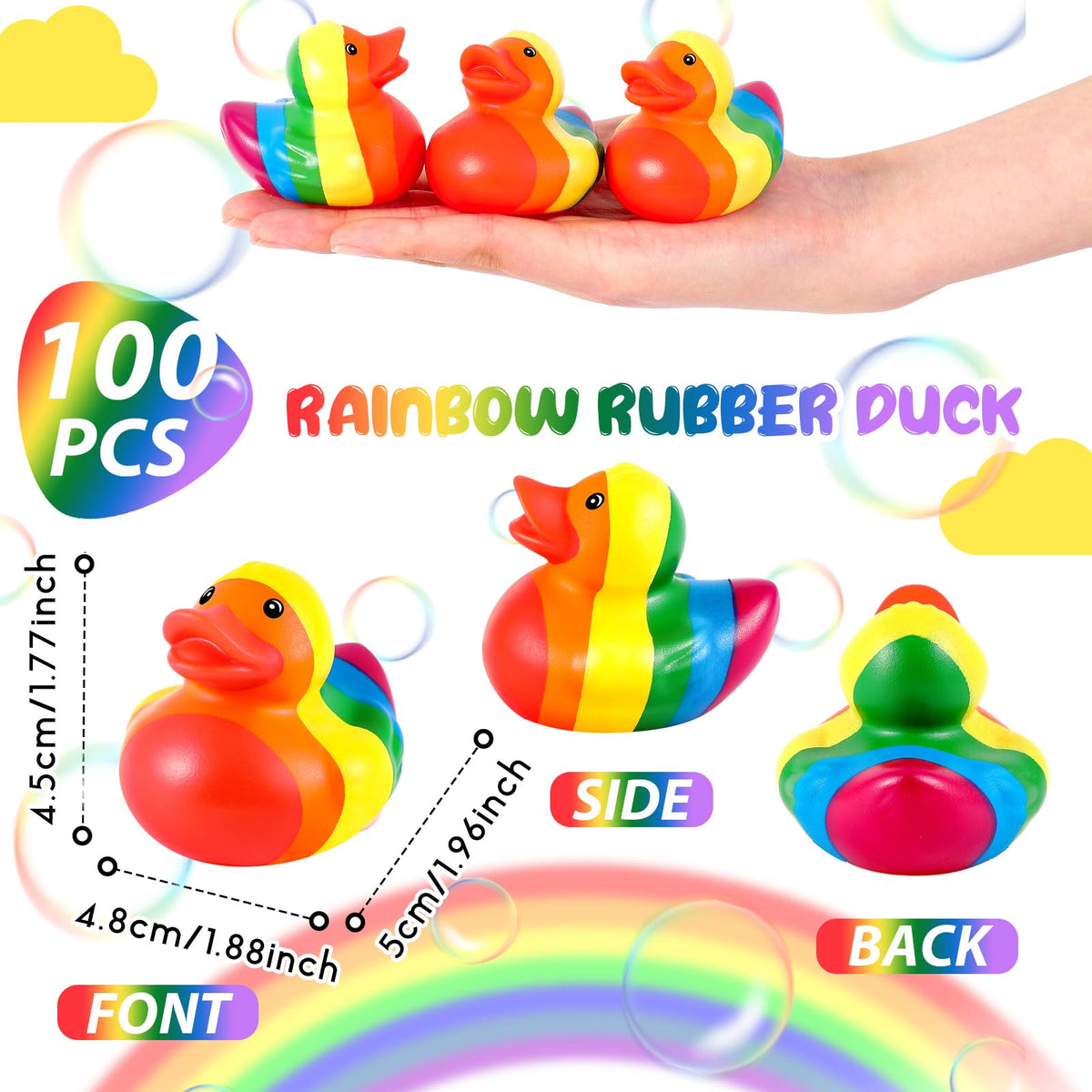 Deekin Rainbow Rubber Ducks party favors; bright colors elevate rainbow-themed celebrations.