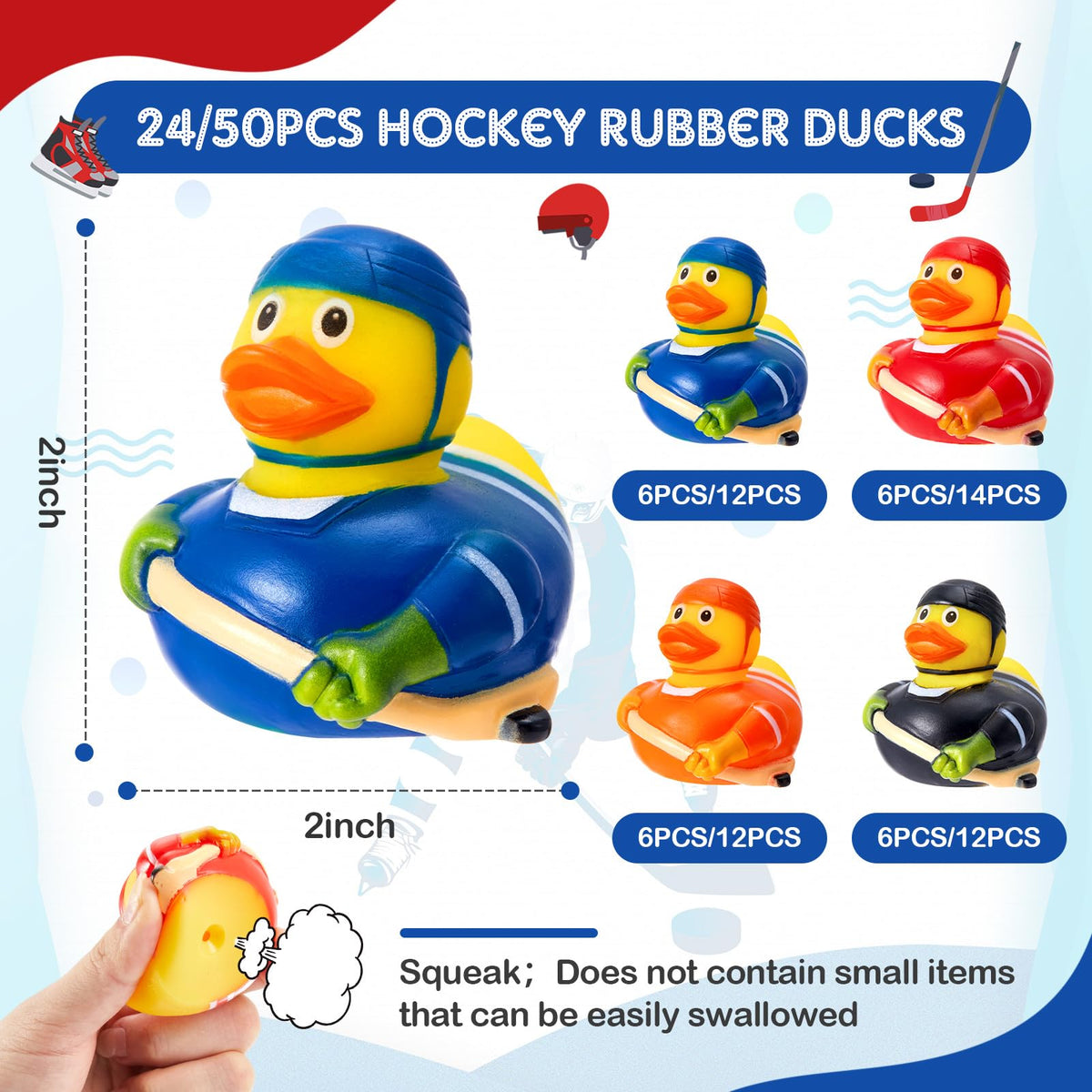 Deekin rubber duck bath toy with hockey design adds playful bath time.