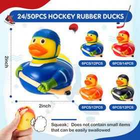 Deekin rubber duck bath toy with hockey design adds playful bath time.