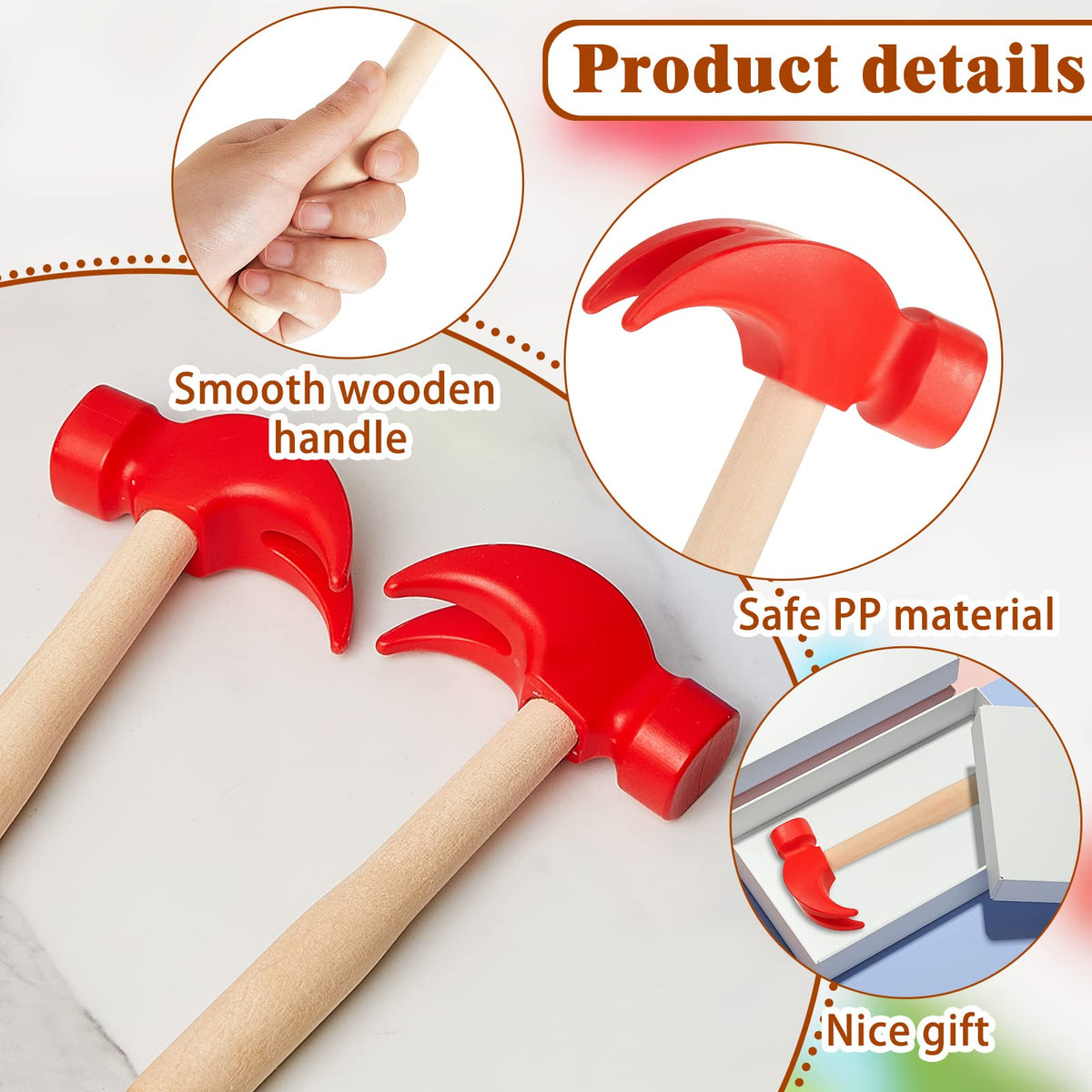Child-safe plastic head and smooth wooden handle ensure safe exploration.