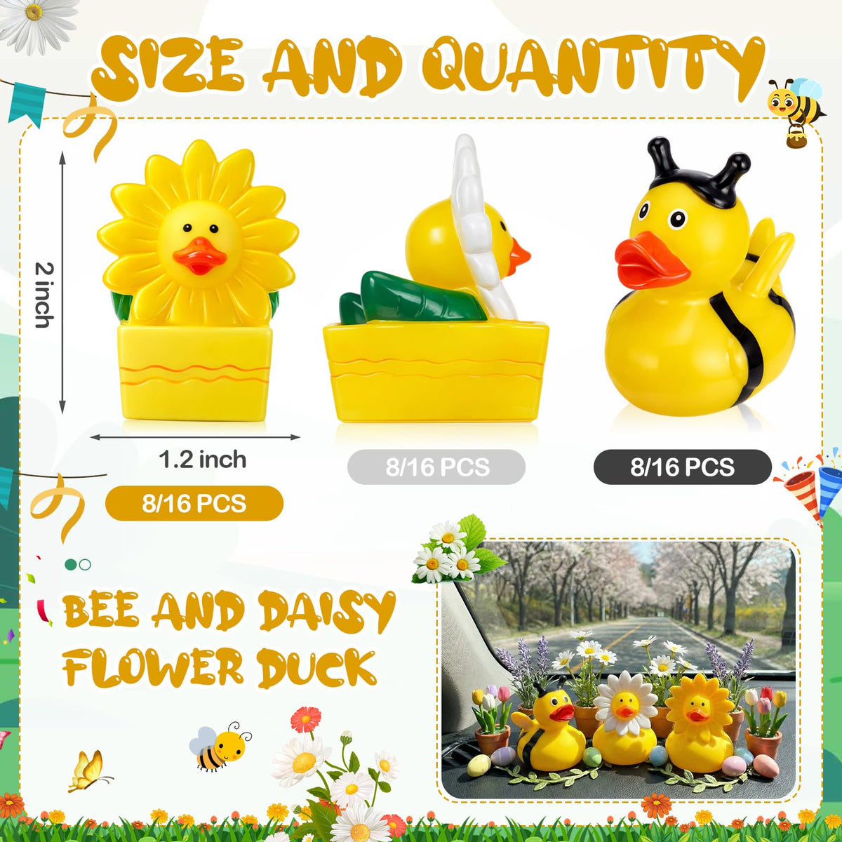 Deekin spring daisy white-yellow rubber duck for gift bags and table accents.