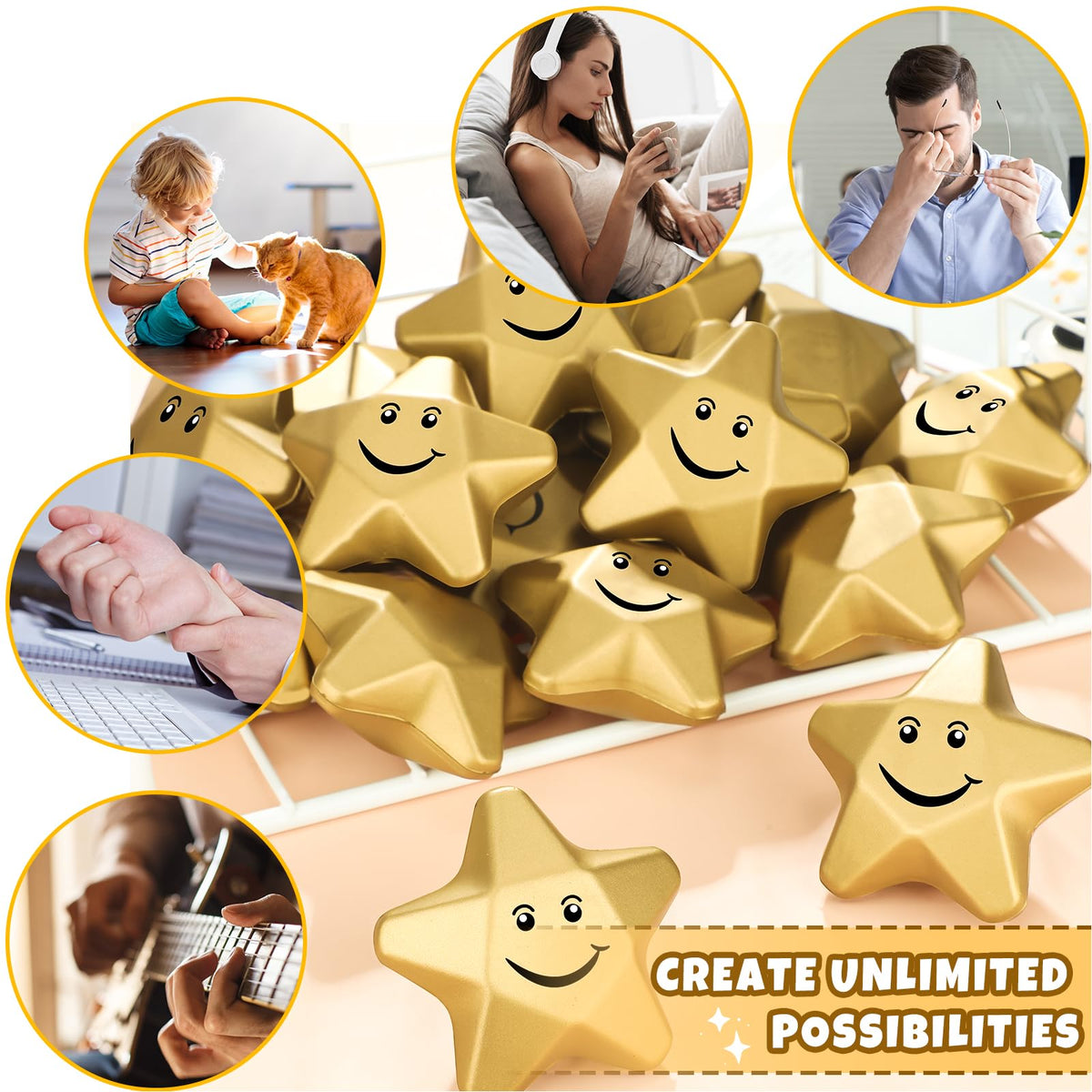 Deekin star stress ball close-up face detail with cheerful expression.