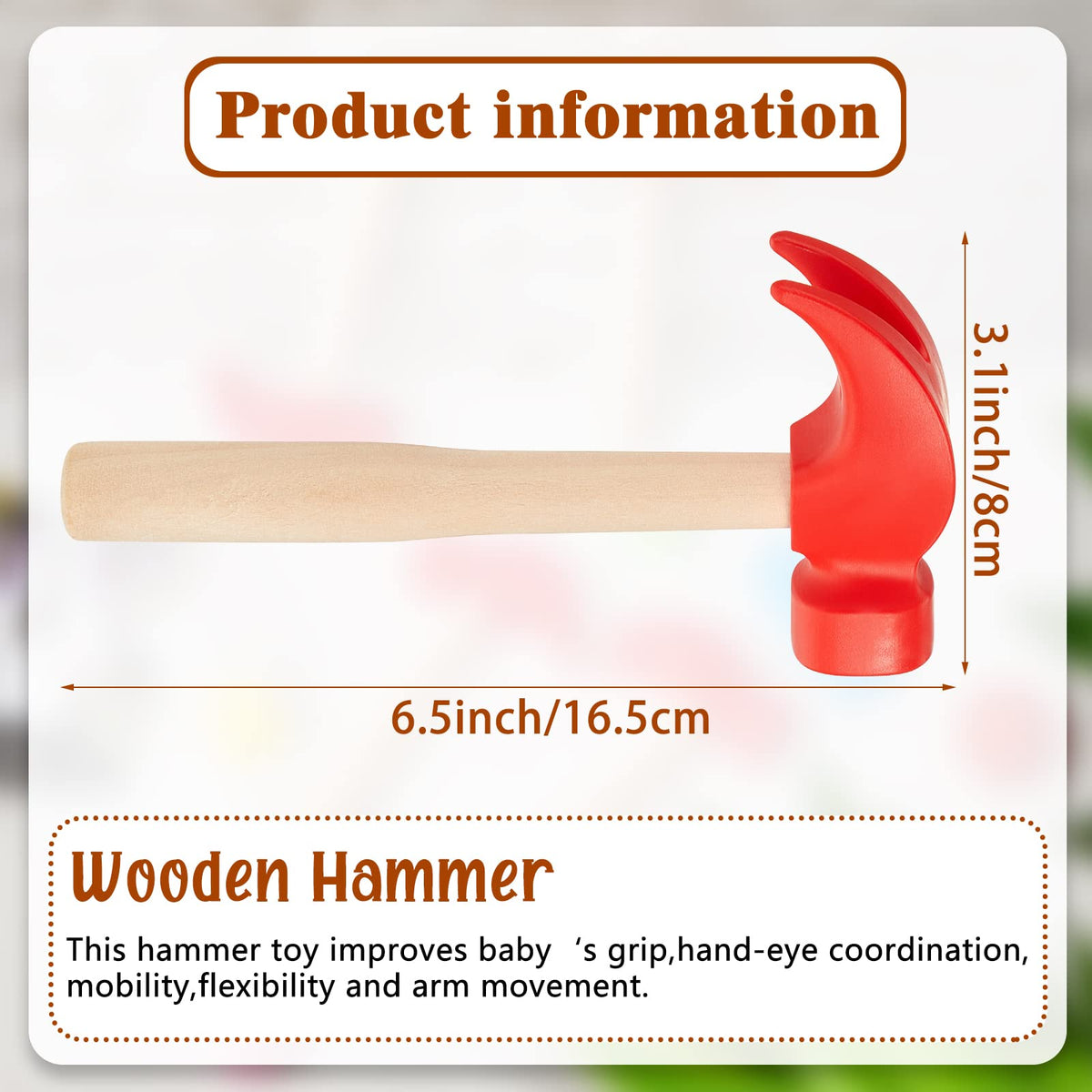 Deekin hammer with realistic wooden handle and rounded plastic head for comfortable grip.
