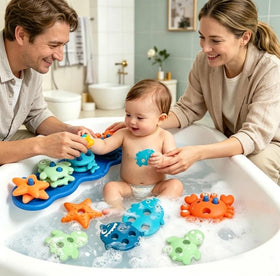 Deenwada bath toy suction base demonstrates mess-free play on tub walls.