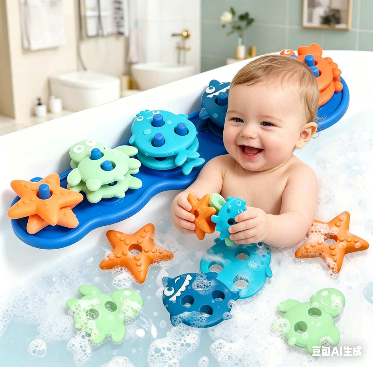 Deenwada silicone baby bath toys stackable 10-piece set promotes sensory play and easy sorting.
