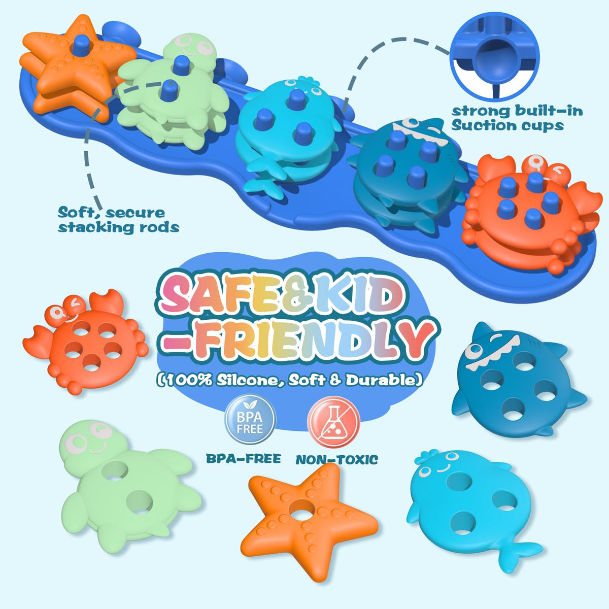 Deenwada silicone bath toy textures close-up shows soft, safe surfaces for curious hands.