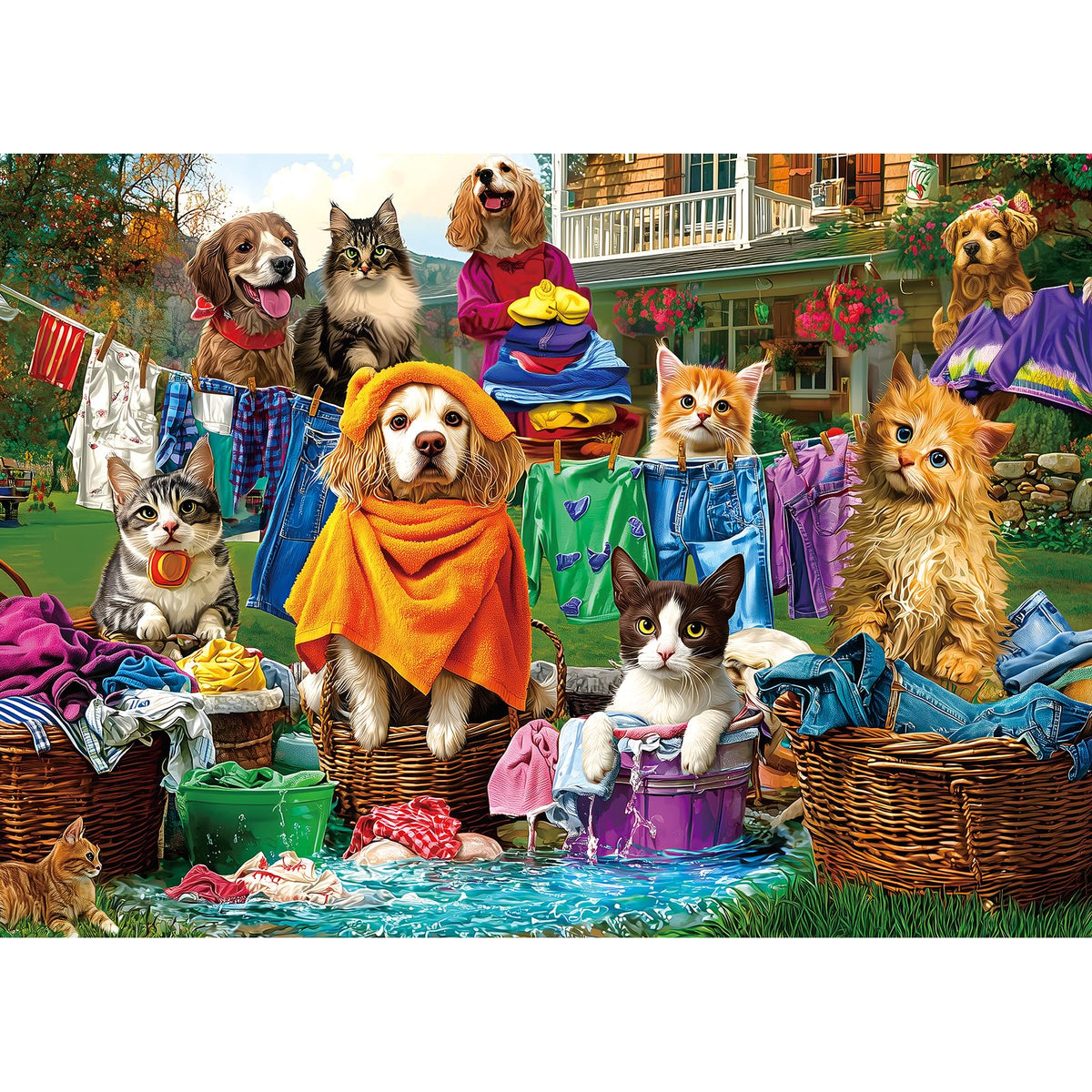 Deepcom Puzzles: front view dog laundry day scene, ideal for family puzzle night.