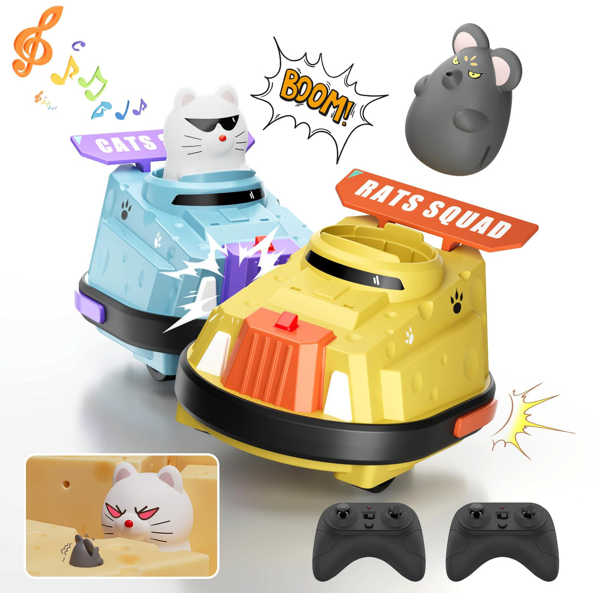 Deependo 2-Pack RC bumper cars front view showing cat and mouse design for playful racing.