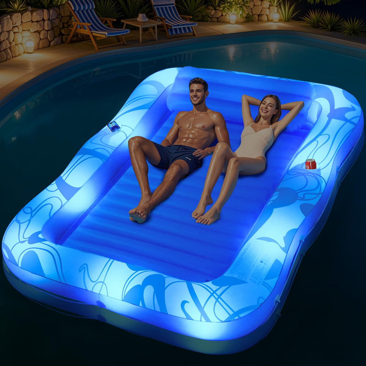 DeeprBetter inflatable tanning pool lounger with lights in 81x60 for two adults
