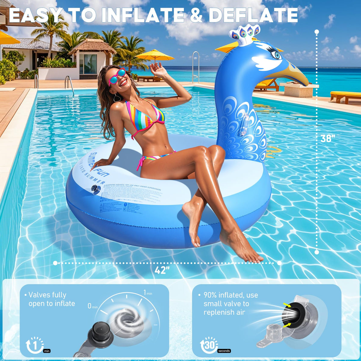 DeeprBetter peacock pool float quick inflation with large valves