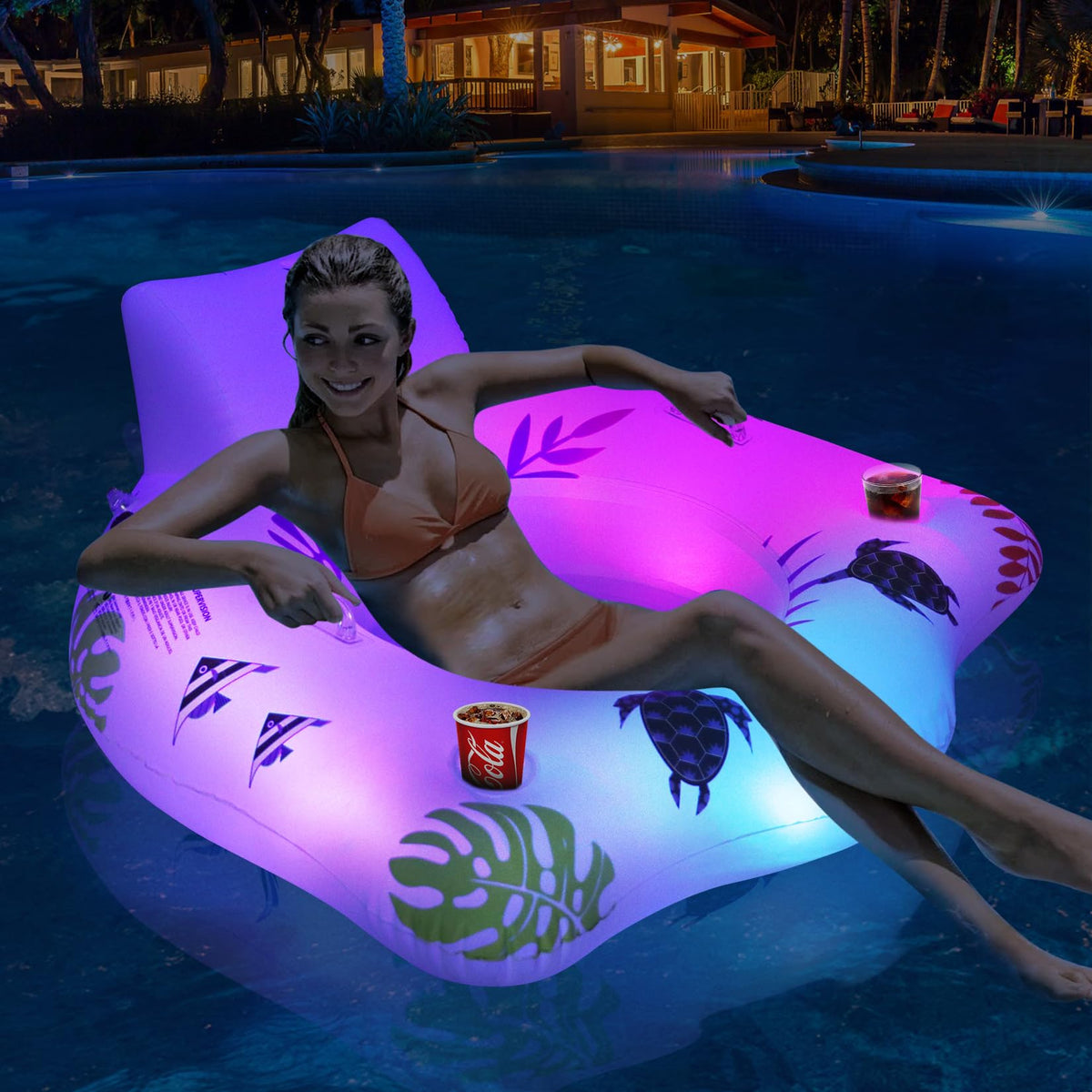 DeeprBlu inflatable pool float chair with color changing lights for evening pool time.