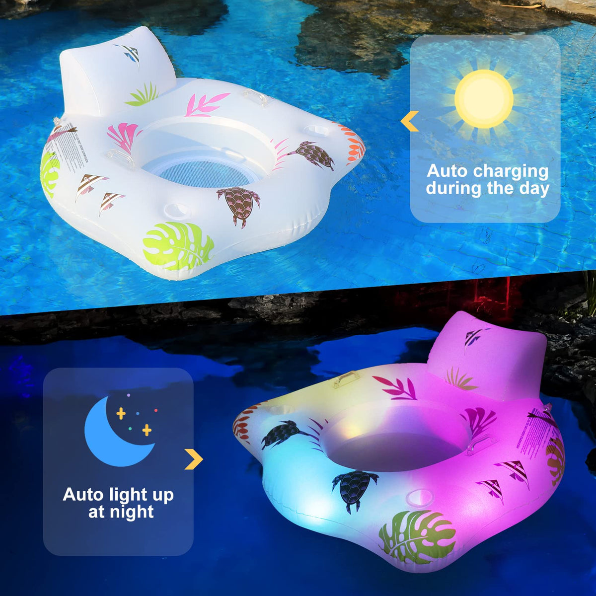 DeeprBlu pool float chair shown with solar lights activated at dusk.
