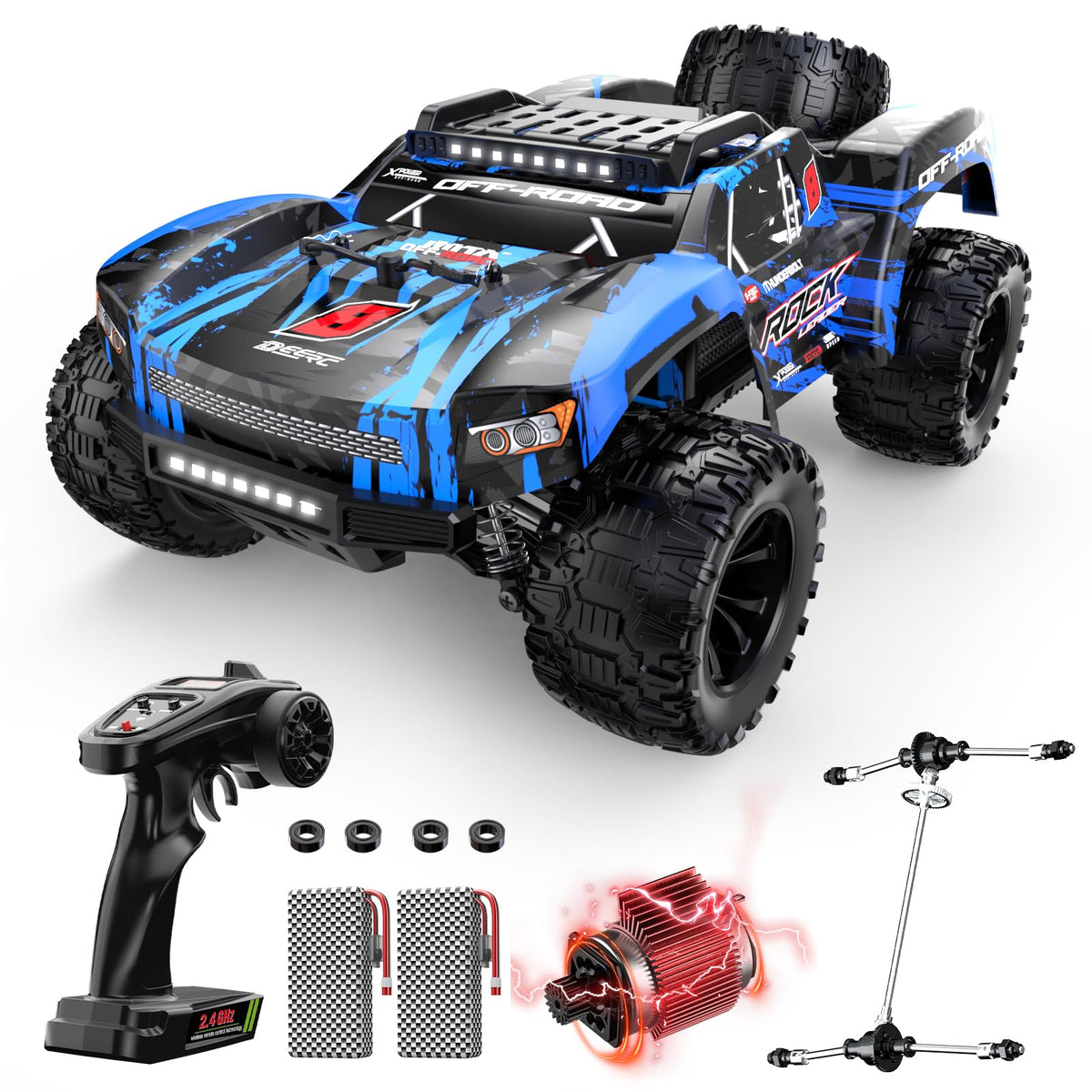 DEERC 1:12 short course truck with dual batteries for extended high-speed play.