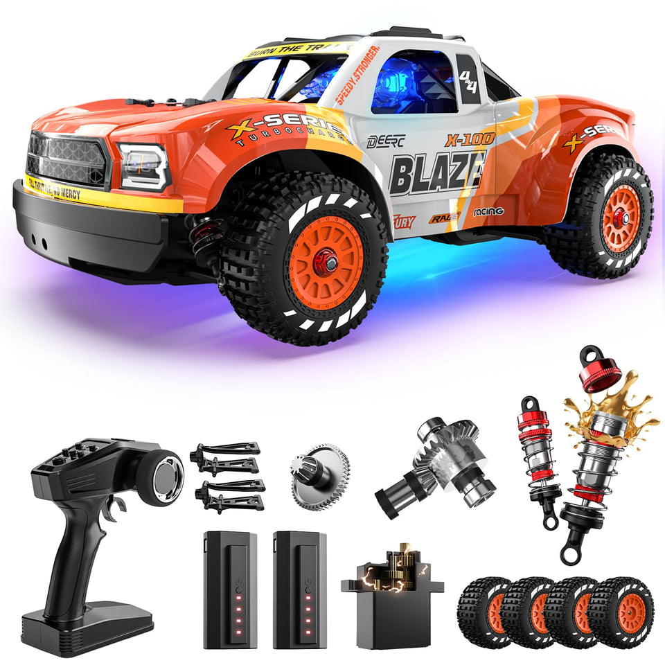 DEERC 1205 brushless RC truck front view highlighting off-road stance and speed potential