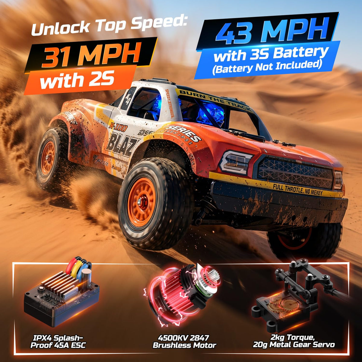 DEERC 1205 brushless RC truck rear view showing sturdy chassis