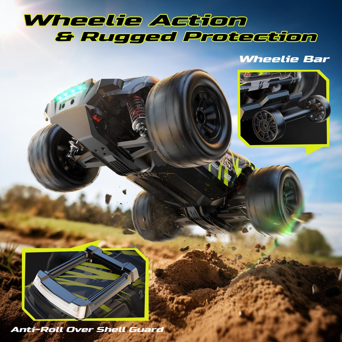 DEERC 1611 4x4 independent suspension across rough terrain.