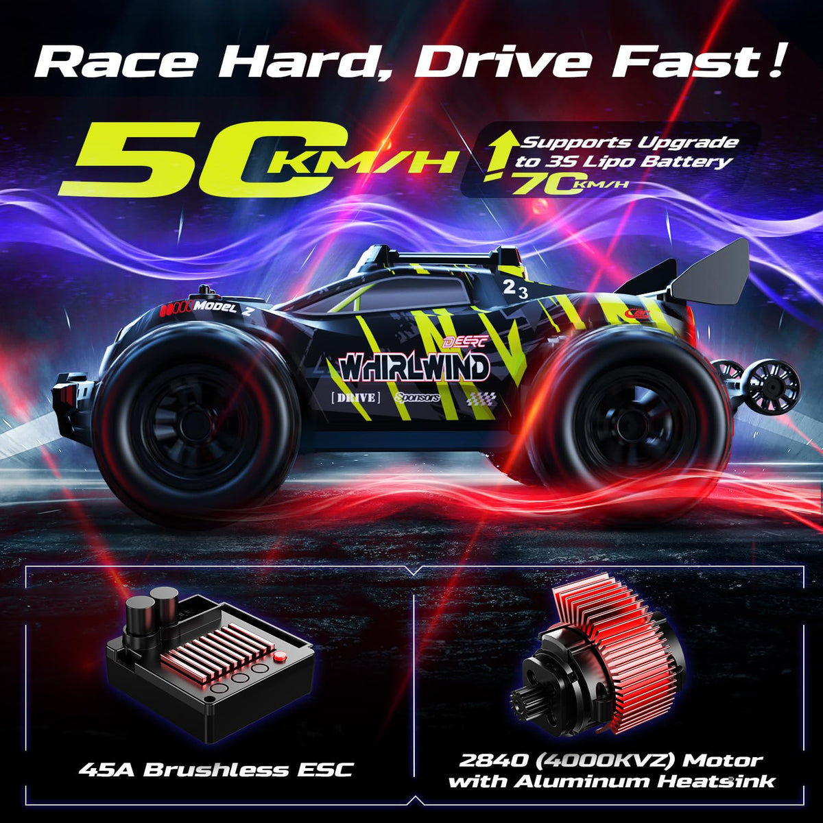 DEERC 1611 dual-battery pack powering longer sessions and higher speeds.