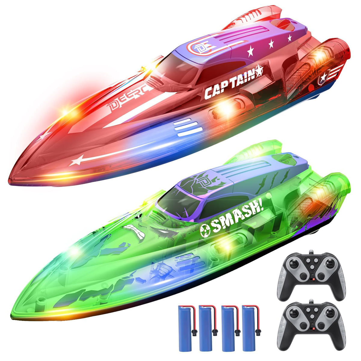 DEERC 2-pack 13-inch RC boats with bright LED lights for night sailing.