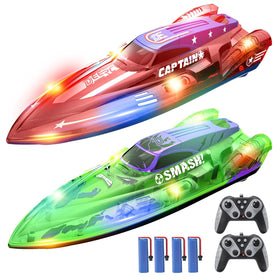 DEERC 2-pack 13-inch RC boats with bright LED lights for night sailing.