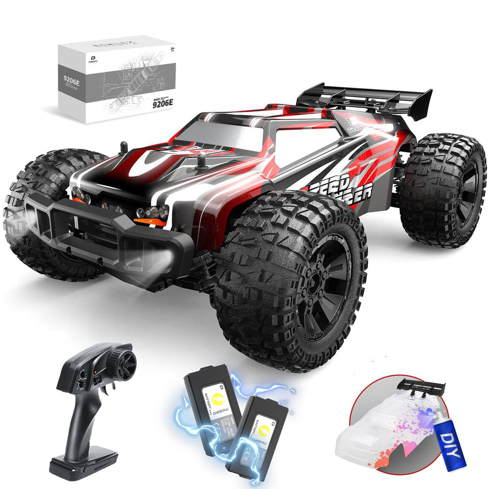 DEERC 9206E RC car with a DIY shell boosts customization and style.