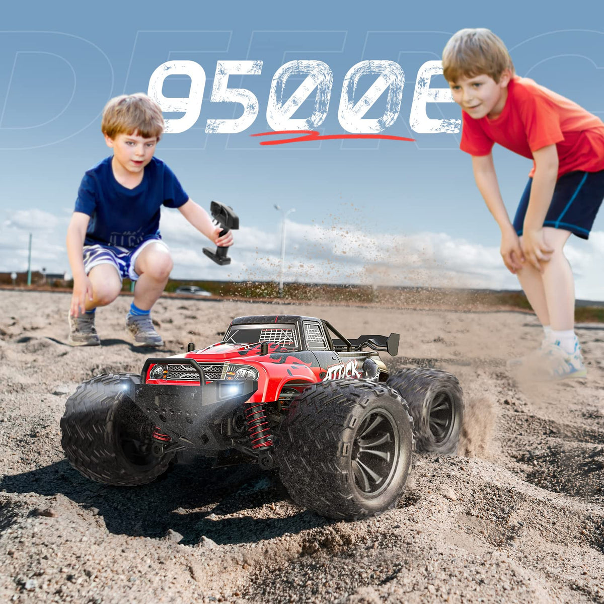 DEERC 9500E off-road tires and wide wheels improve grip on dirt and mud.