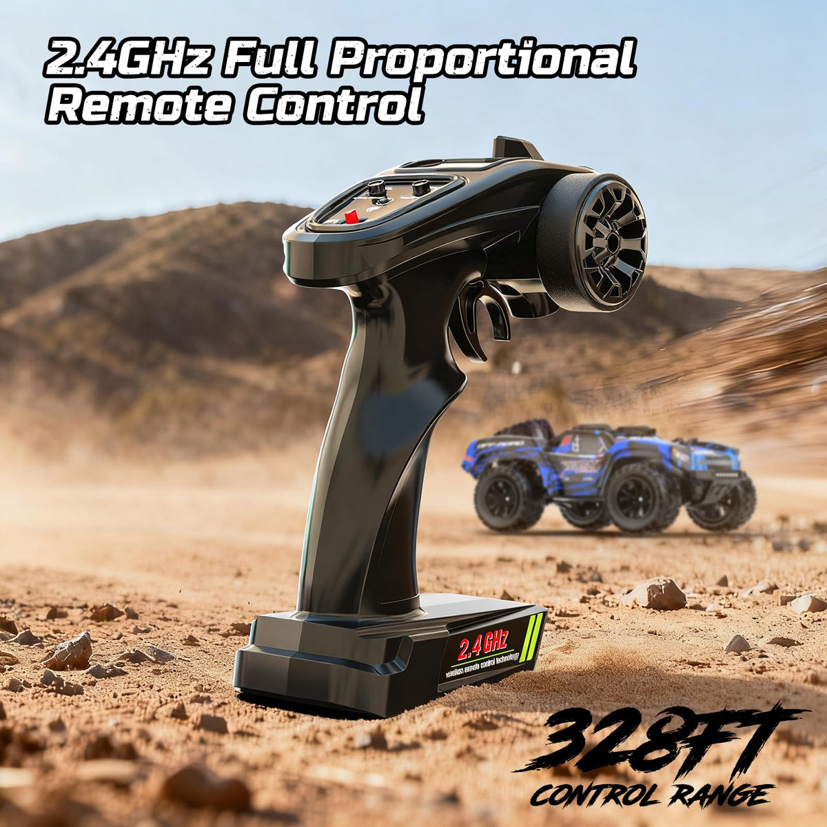 DEERC 1:12 all-terrain tires grip grass sand and pavement.