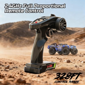 DEERC 1:12 all-terrain tires grip grass sand and pavement.