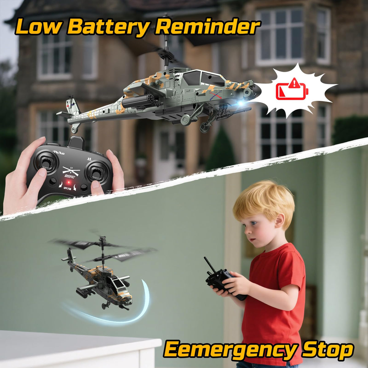 DEERC Apache LED lights illuminating night-like indoor flight