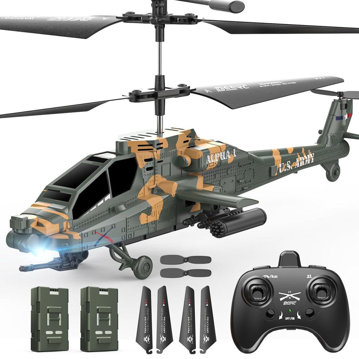 DEERC Apache RC helicopter front view showing compact indoor design and ready stance