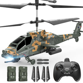 DEERC Apache RC helicopter front view showing compact indoor design and ready stance