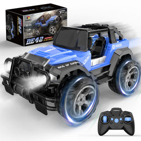 DEERC DE42 blue RC car side view for outdoor fun and racing.