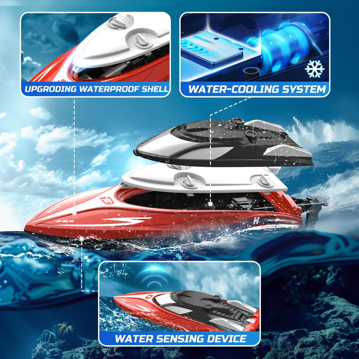 DEERC H120 RC boat low battery alarm prevents mid-run dropout.